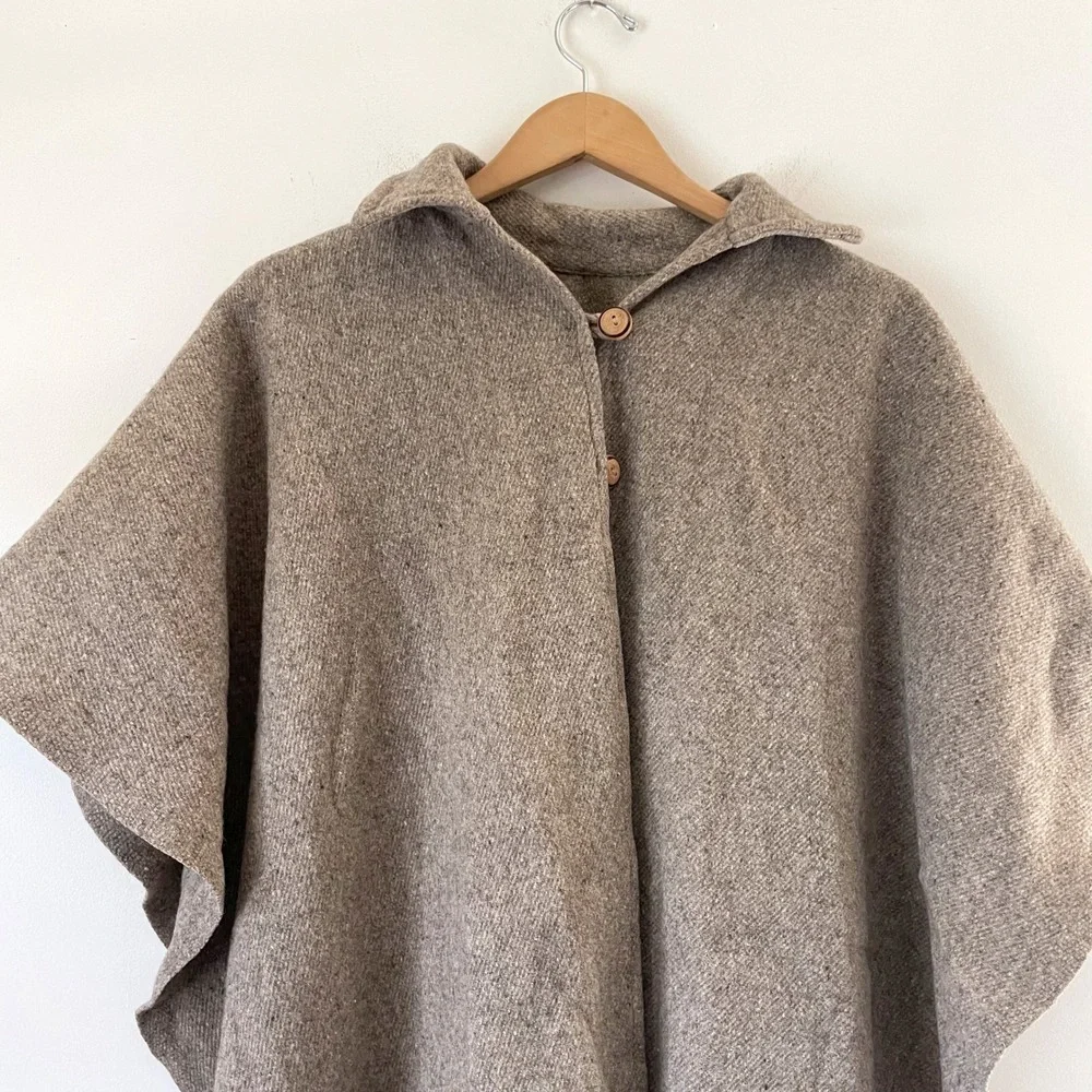 Vintage Wool Blend Fringe Poncho Cape Large Brown Boho Rustic Cabincore cozy